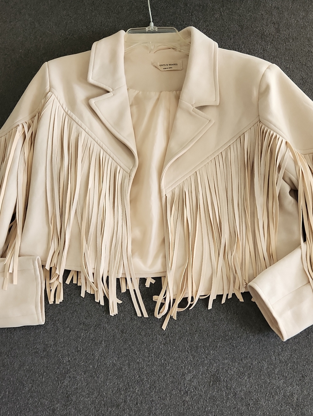 Saints & Hearts Fringed Cream Faux Suede Open Front Jacket Women's Size Small